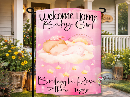 Personalized welcome home baby girl garden flag with sleeping baby on cloud design