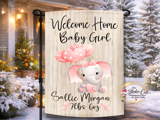 Personalized welcome home baby girl garden flag with pink elephant and balloons