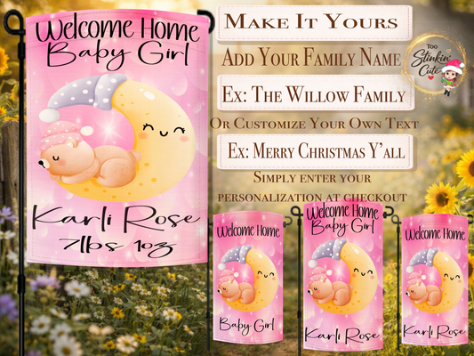 Custom newborn baby girl yard flag with moon and teddy bear design