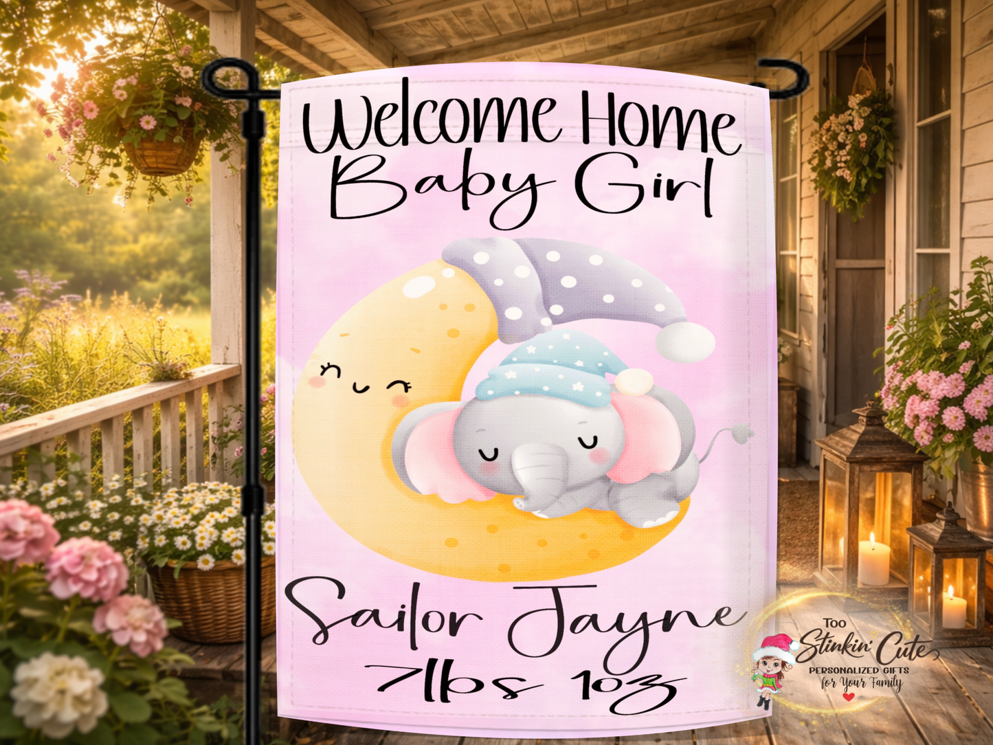 Personalized welcome home baby girl garden flag with sleeping elephant on moon