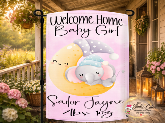 Personalized welcome home baby girl garden flag with sleeping elephant on moon
