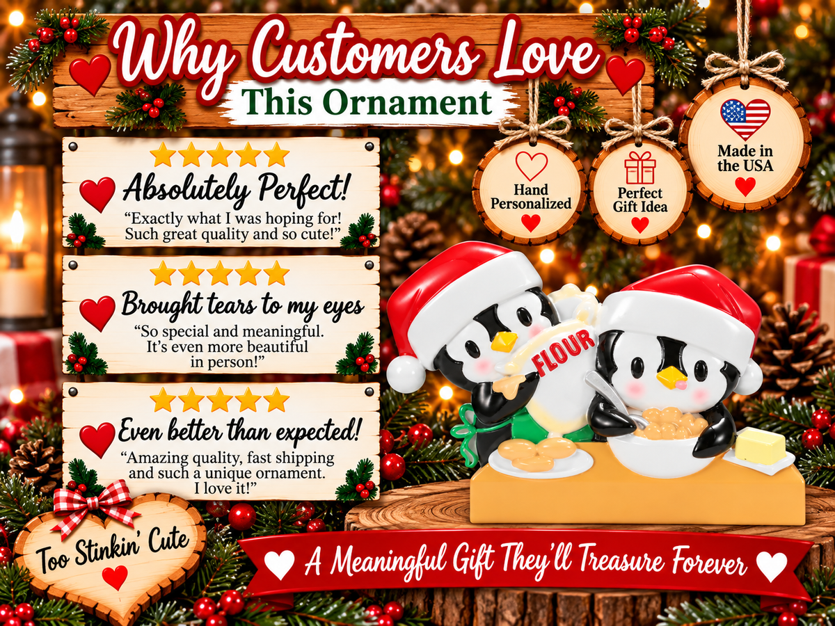 Penguin baking Christmas ornament hanging from a red ribbon against warm holiday lights.
