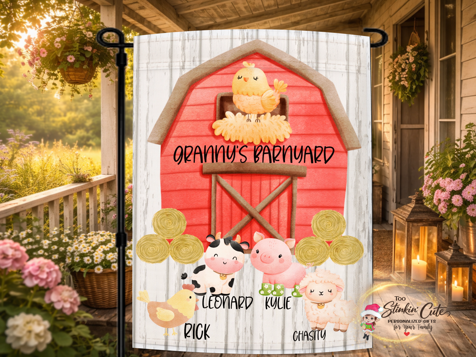 Personalized barnyard family garden flag with farm animals and custom names