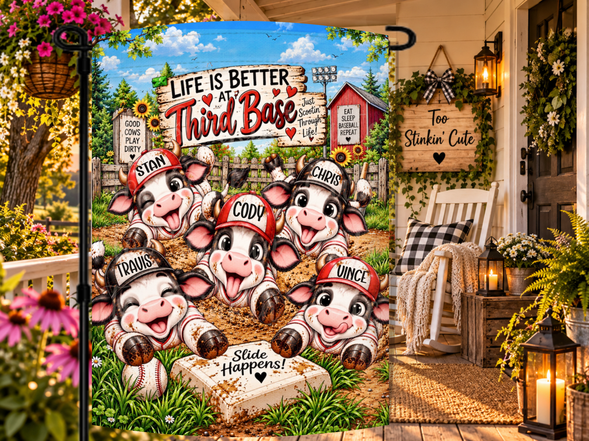 Personalized baseball cow family garden flag featuring five cute cows wearing custom name hats.