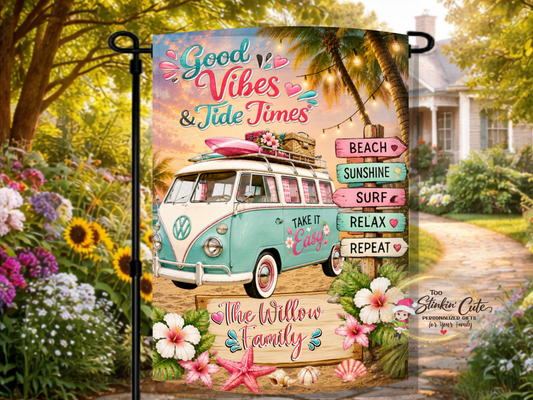 Personalized coastal beach bus garden flag with family name.