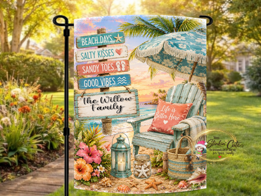 Personalized coastal beach garden flag with Adirondack chair.