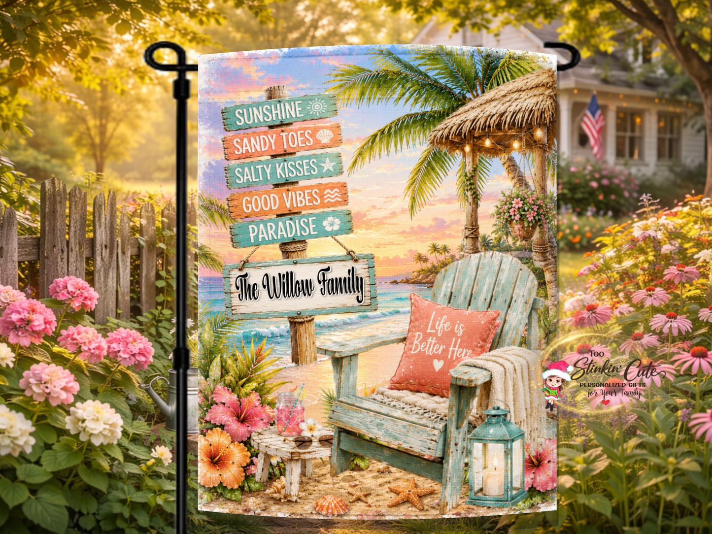 Personalized beach garden flag with tropical coastal sunset.