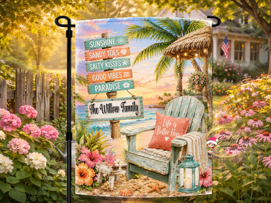 Personalized beach garden flag with tropical coastal sunset.