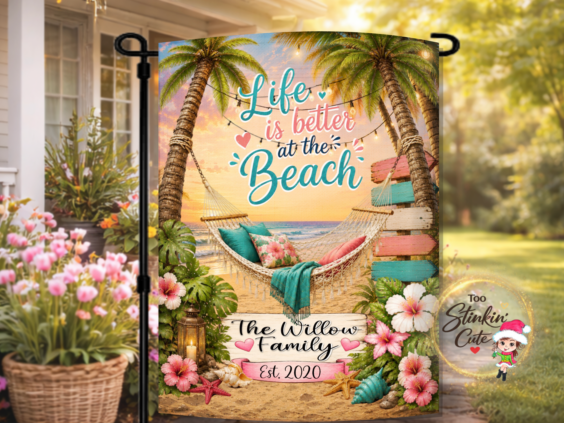 Personalized beach hammock garden flag with family name.