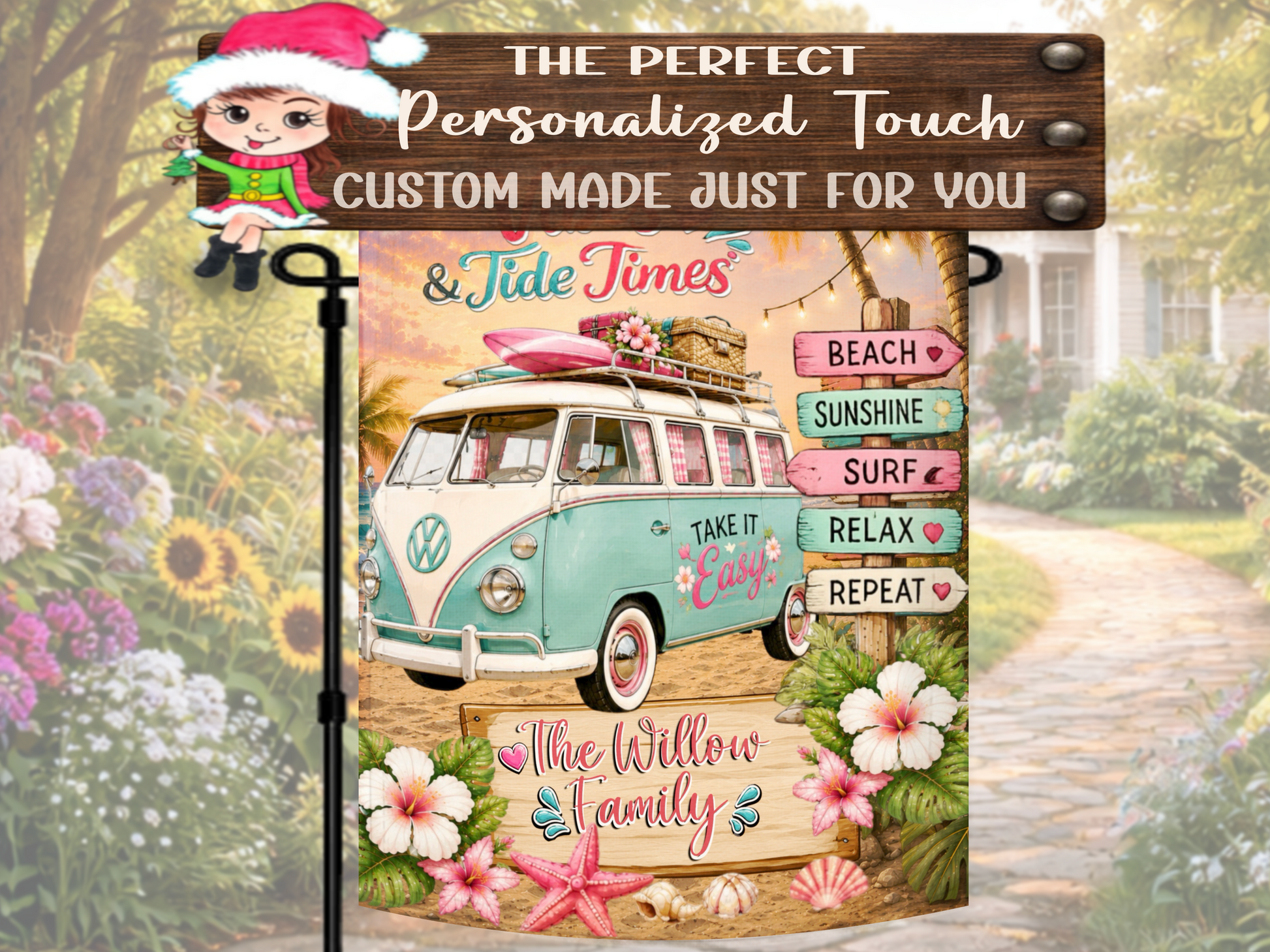 Personalized vacation home garden flag with beach décor.