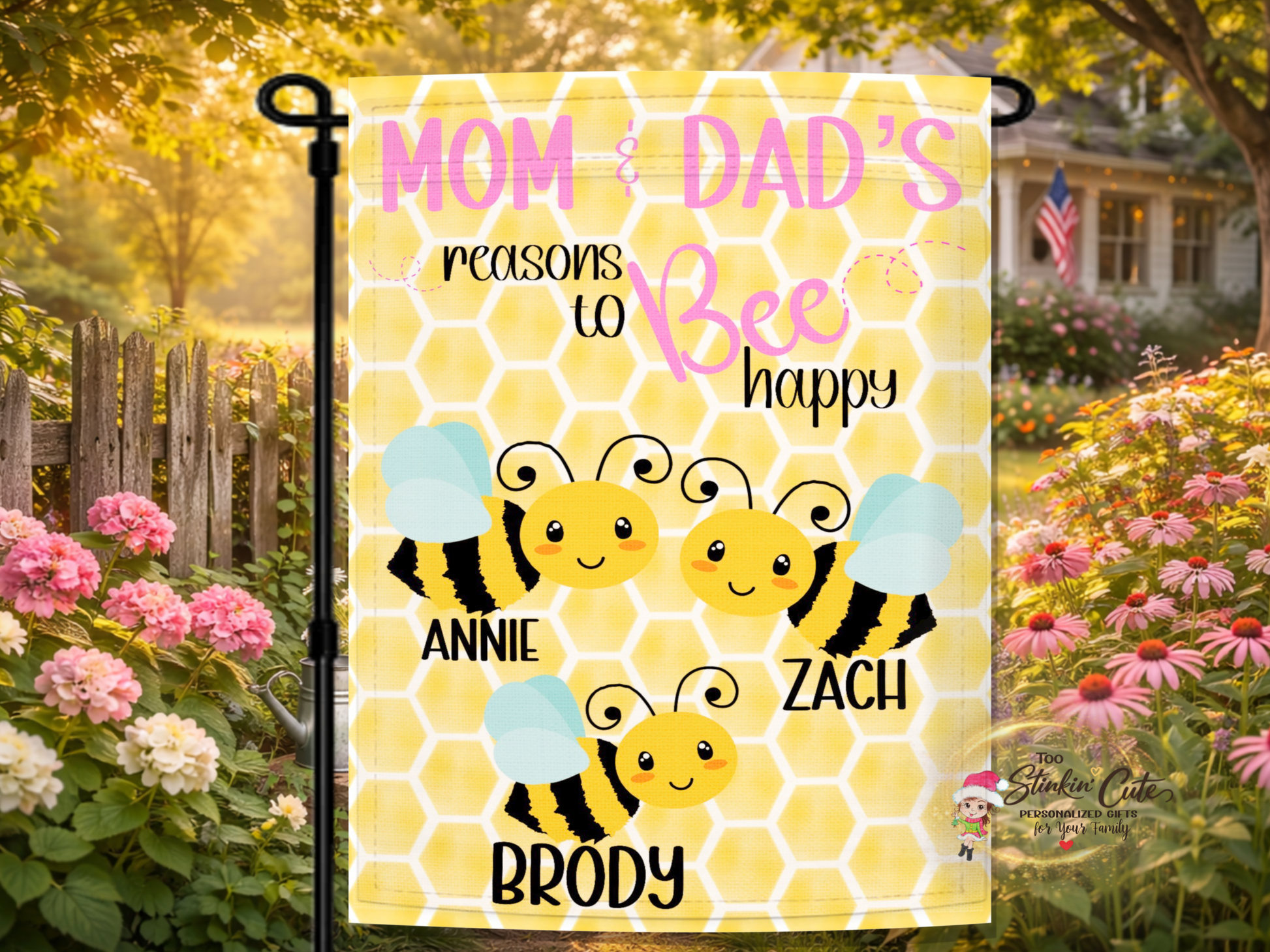 Personalized bee family garden flag with custom children names