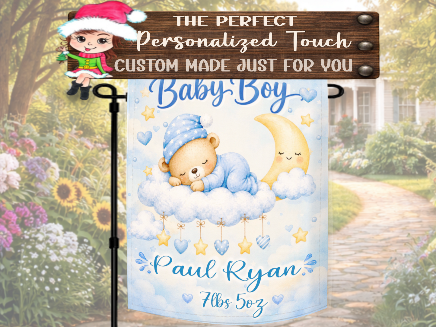 Moon and stars baby boy garden flag for new parents