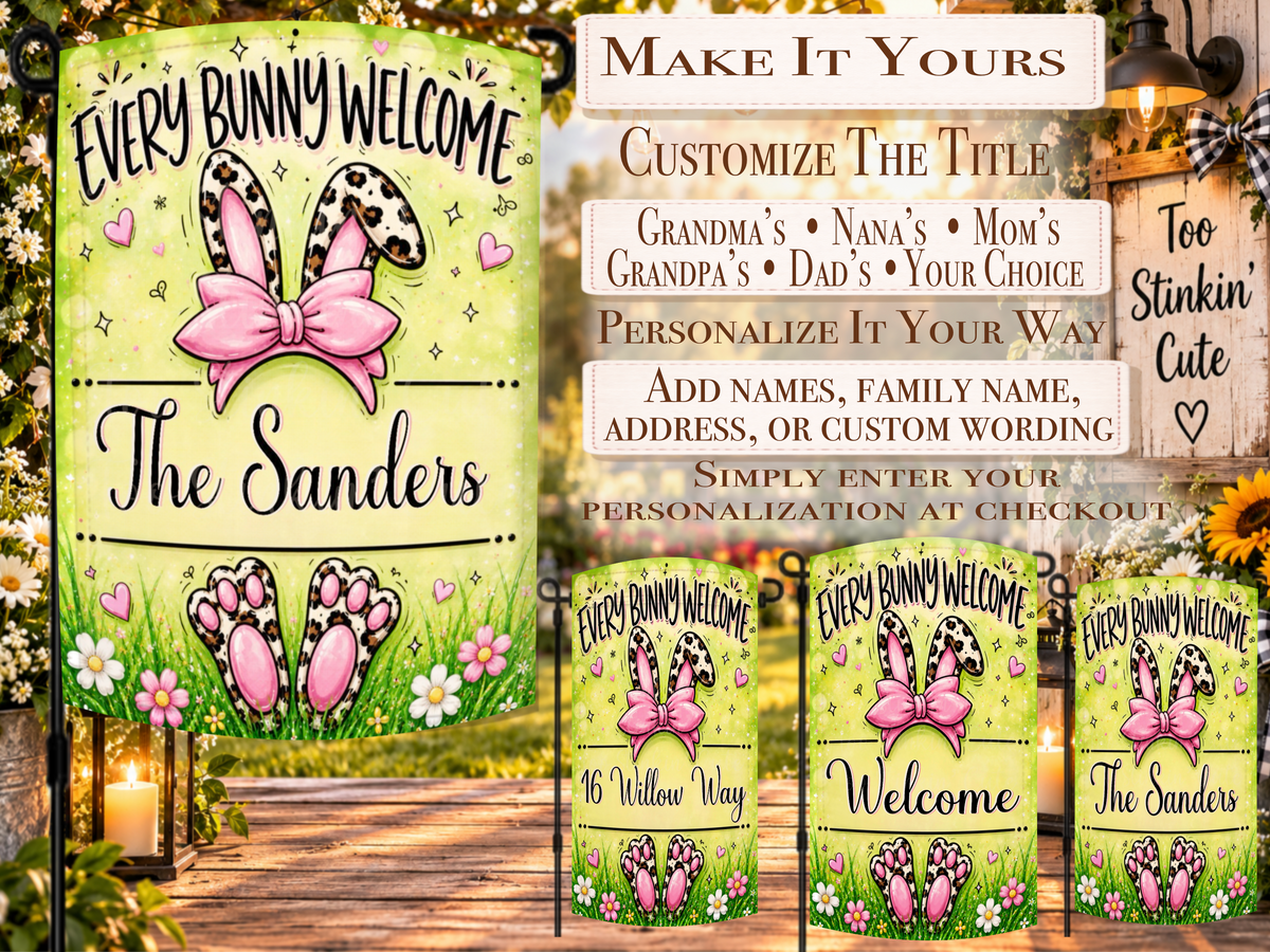 Custom family-name spring yard flag with leopard bunny ears, matching paw prints, pink hearts, daisies, and bright green grass.
