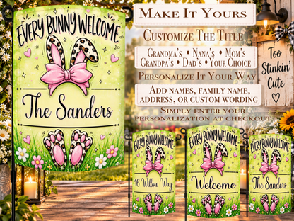 Custom family-name spring yard flag with leopard bunny ears, matching paw prints, pink hearts, daisies, and bright green grass.