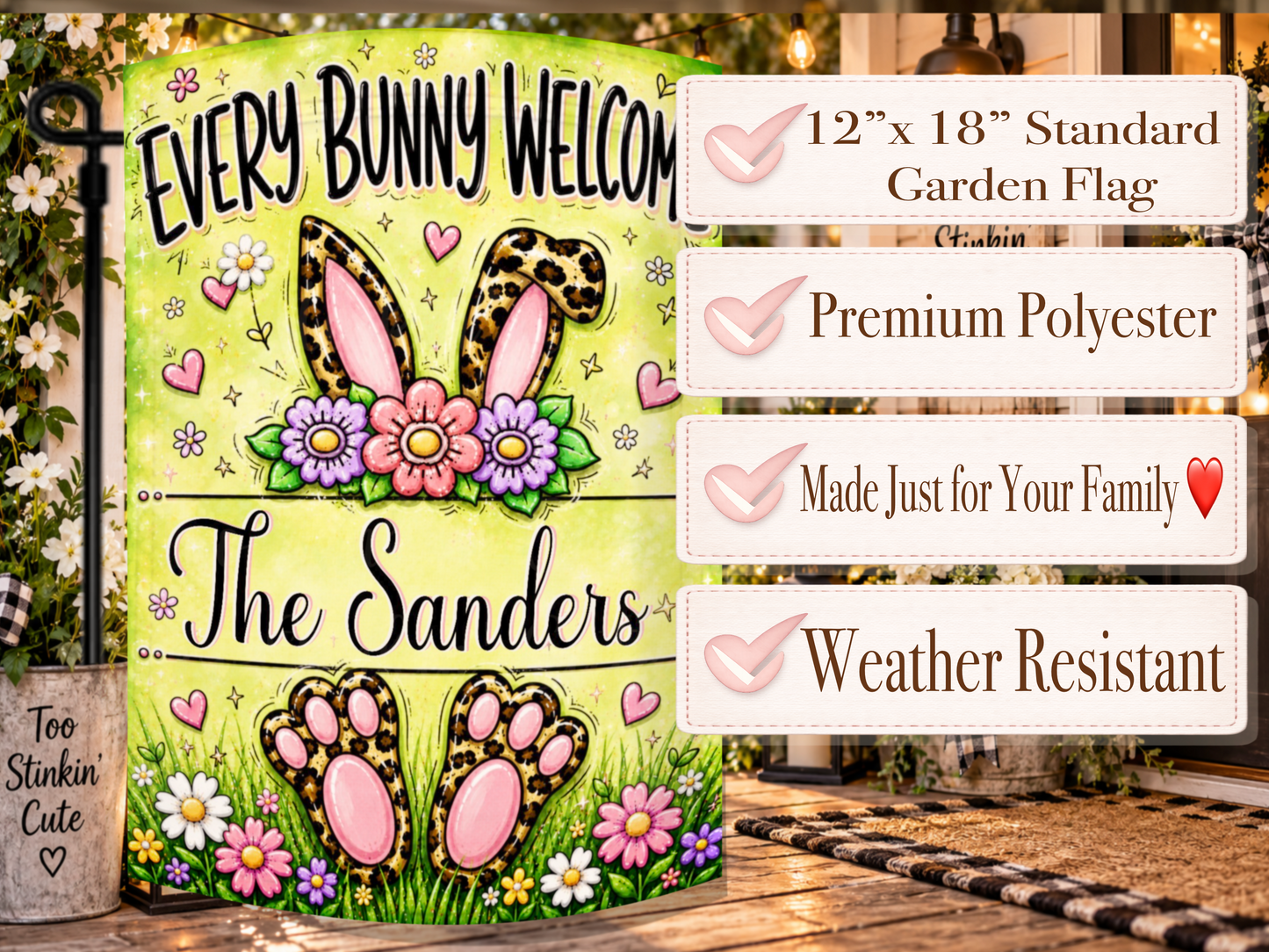 Personalized leopard-print bunny porch flag surrounded by pink, purple, yellow, and white spring flowers and sparkling accents.