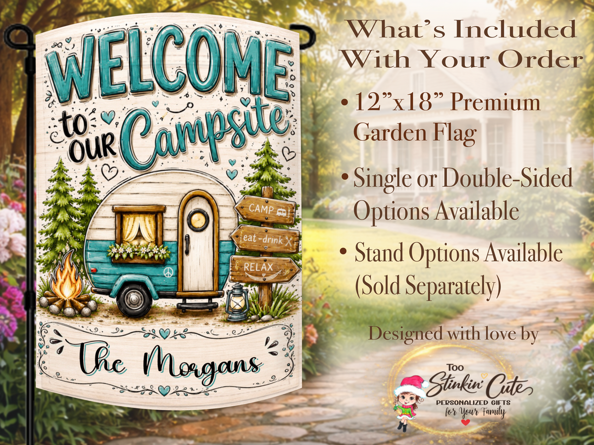 Teal Camper and Campfire Family Flag