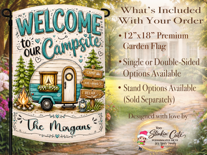 Teal Camper and Campfire Family Flag