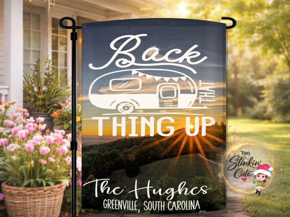 Personalized camping garden flag with retro camper and custom family name