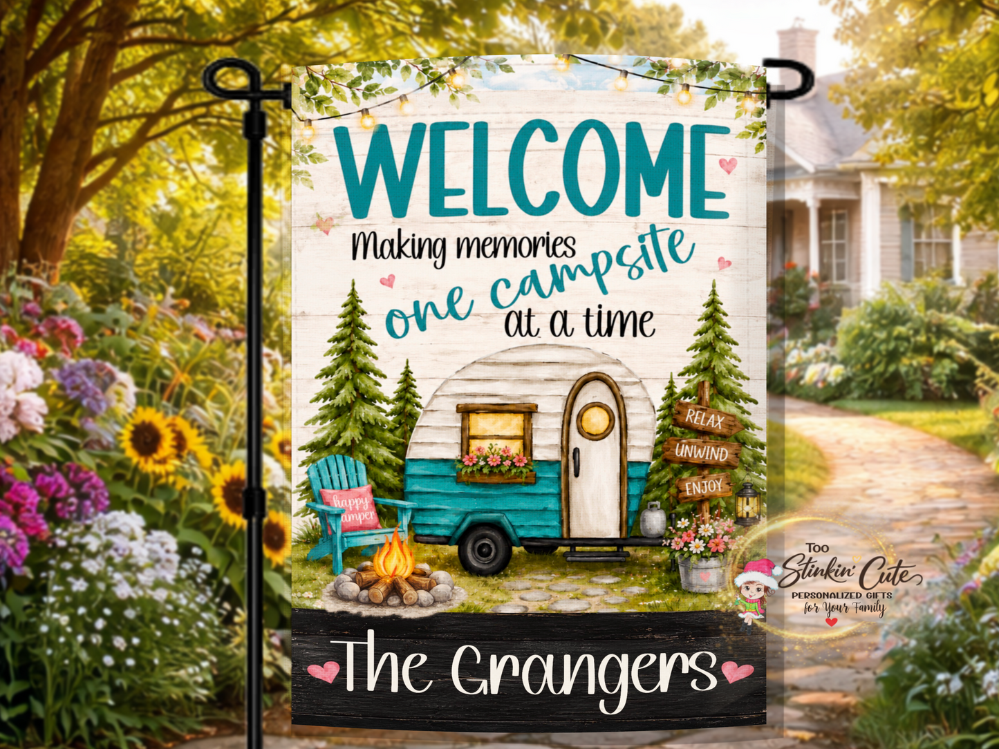 personalized camping garden flag with camper