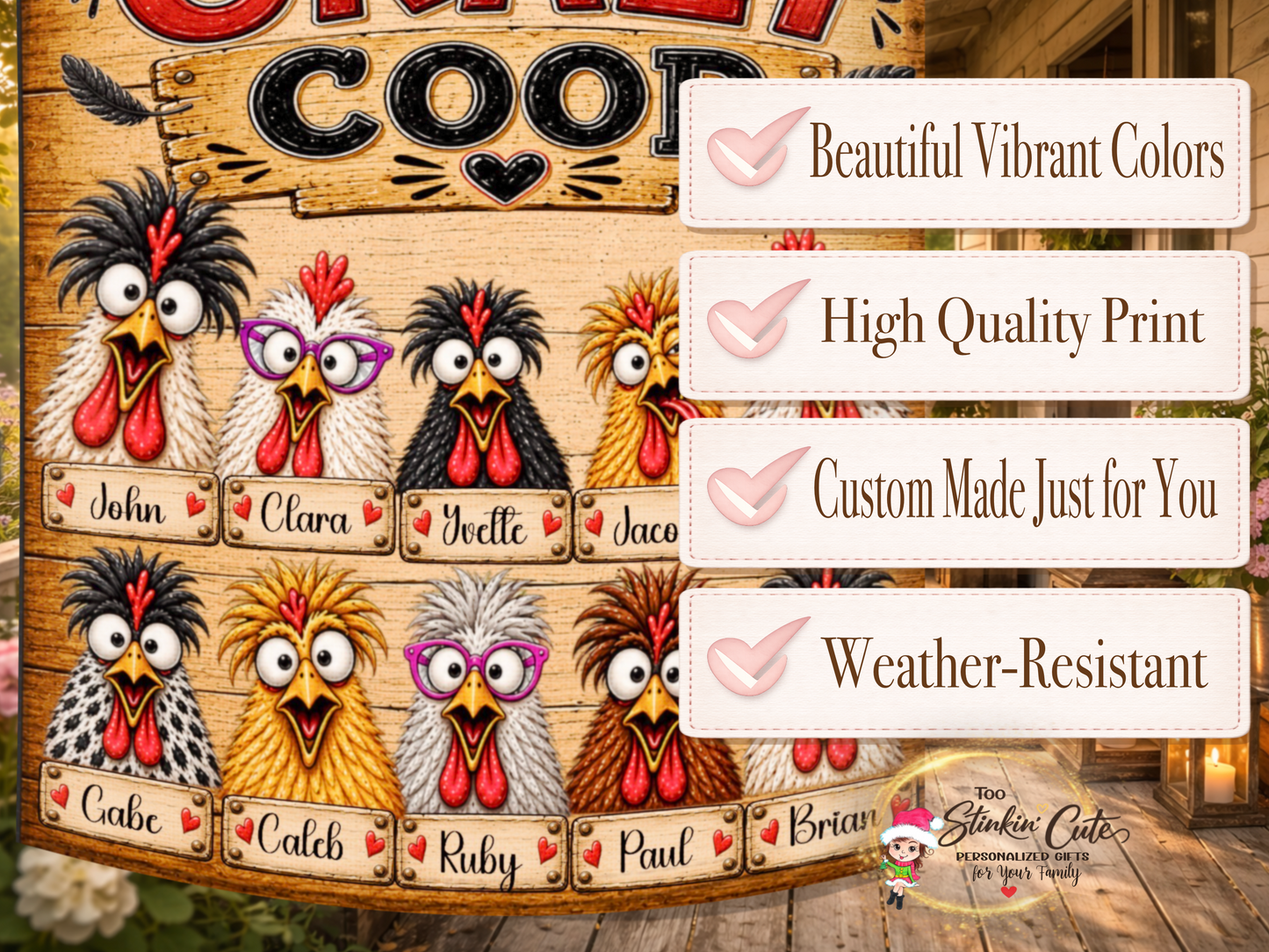 Funny custom chicken yard flag featuring colorful chickens, individual names, hearts, and a rustic wood background.
