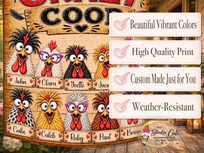 Funny custom chicken yard flag featuring colorful chickens, individual names, hearts, and a rustic wood background.