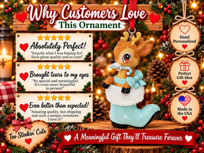 Brown reindeer in a pale blue winter boot with a black sole and space for name personalization.
