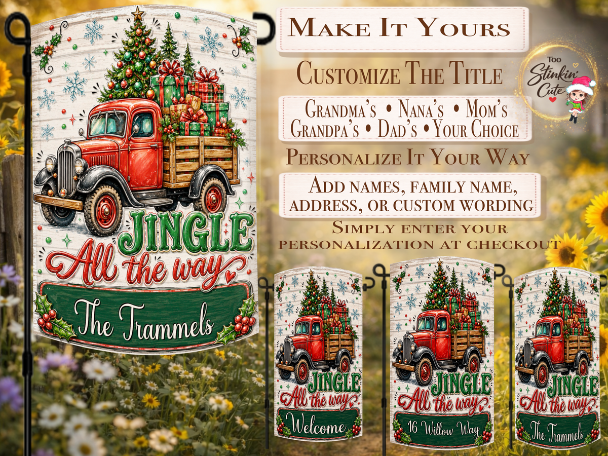 Custom family name Christmas yard flag with a rustic red pickup truck, holiday gifts, evergreen tree, snowflakes, holly, and ornaments.