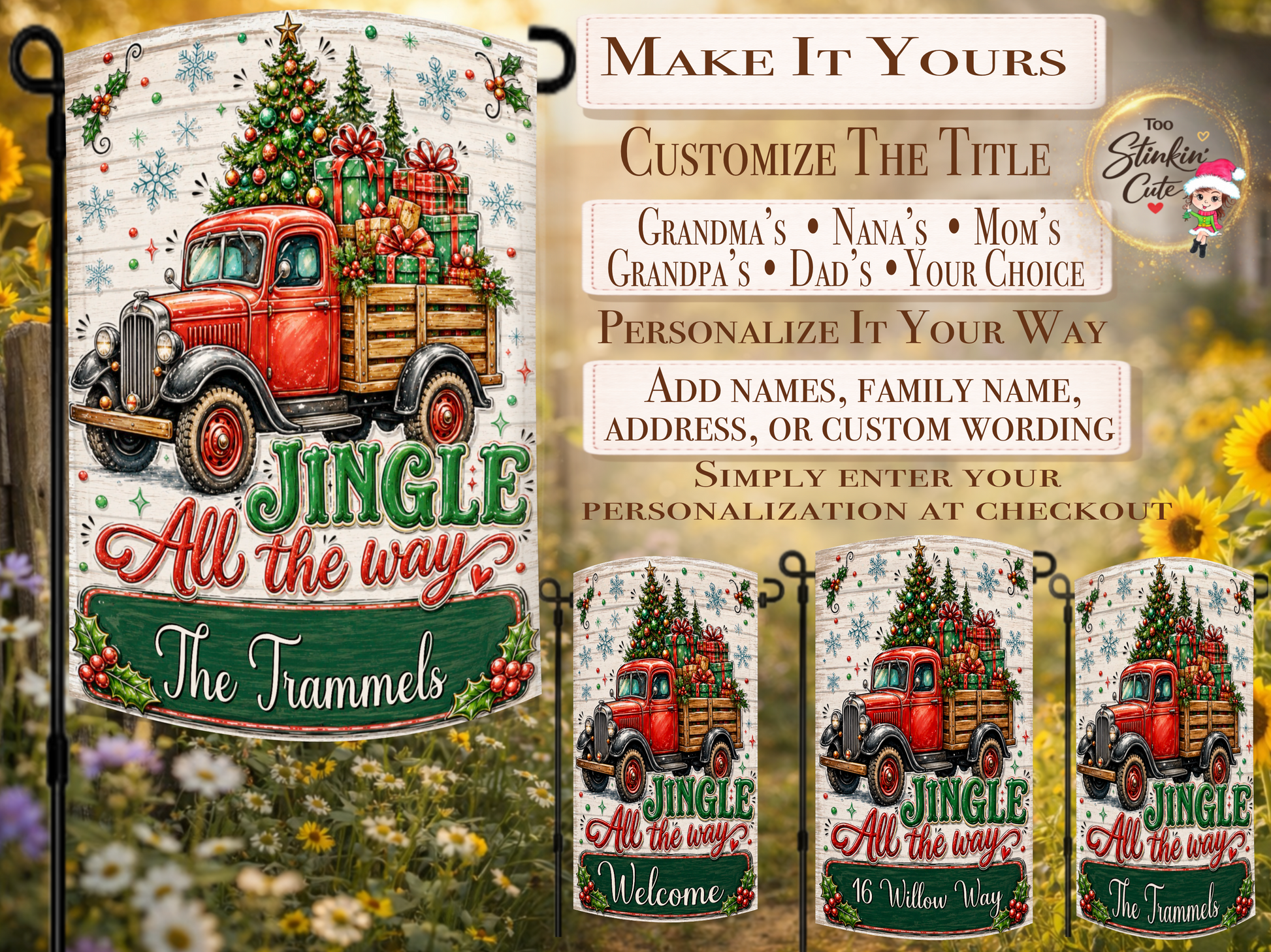 Custom family name Christmas yard flag with a rustic red pickup truck, holiday gifts, evergreen tree, snowflakes, holly, and ornaments.