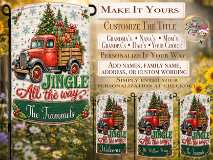 Custom family name Christmas yard flag with a rustic red pickup truck, holiday gifts, evergreen tree, snowflakes, holly, and ornaments.