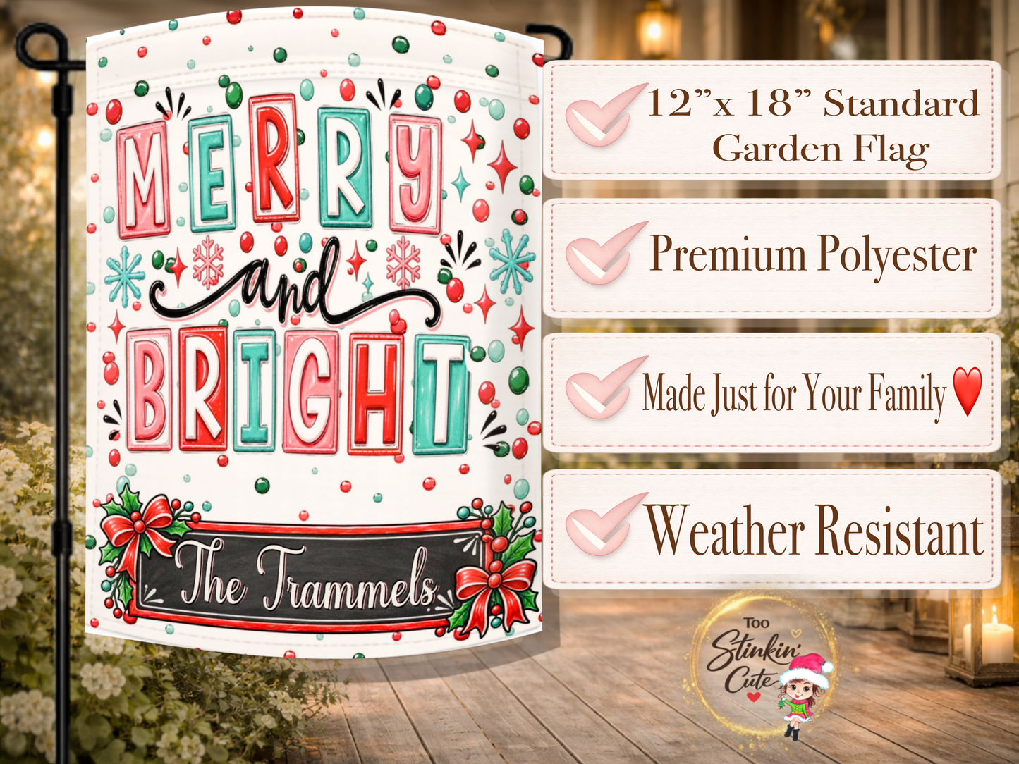 Personalized holiday porch flag with a bold Merry and Bright message and a custom black name plaque decorated with holly and Christmas bows.