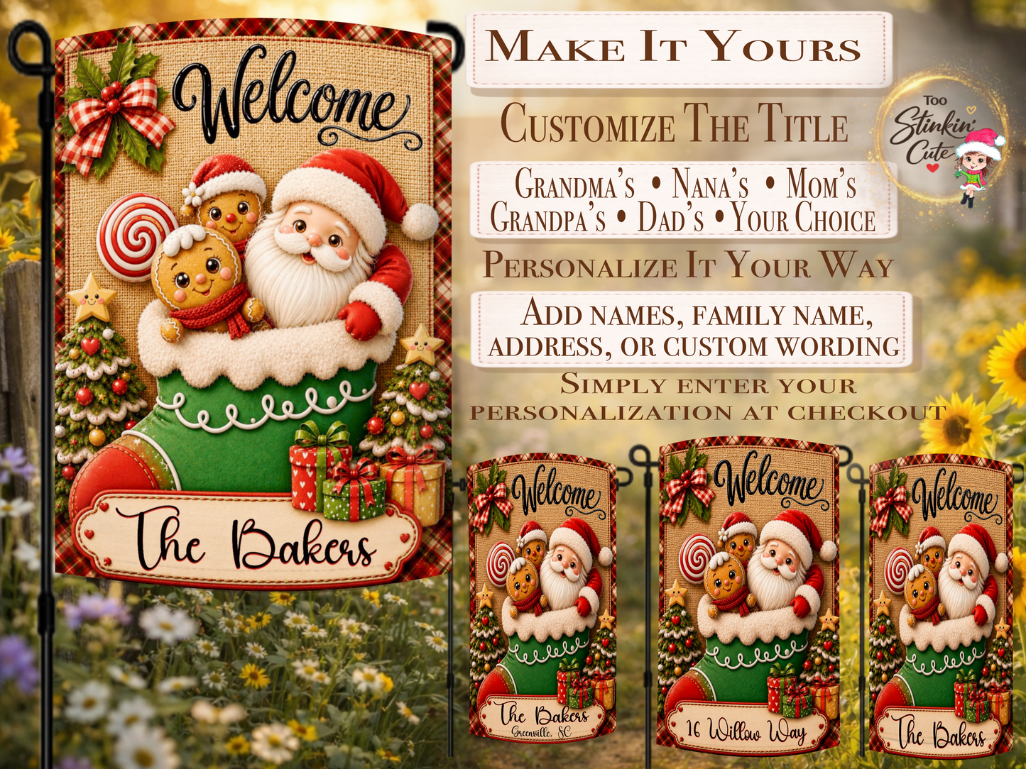 Custom family-name Christmas yard flag with Santa, gingerbread cookies, presents, and decorated trees.