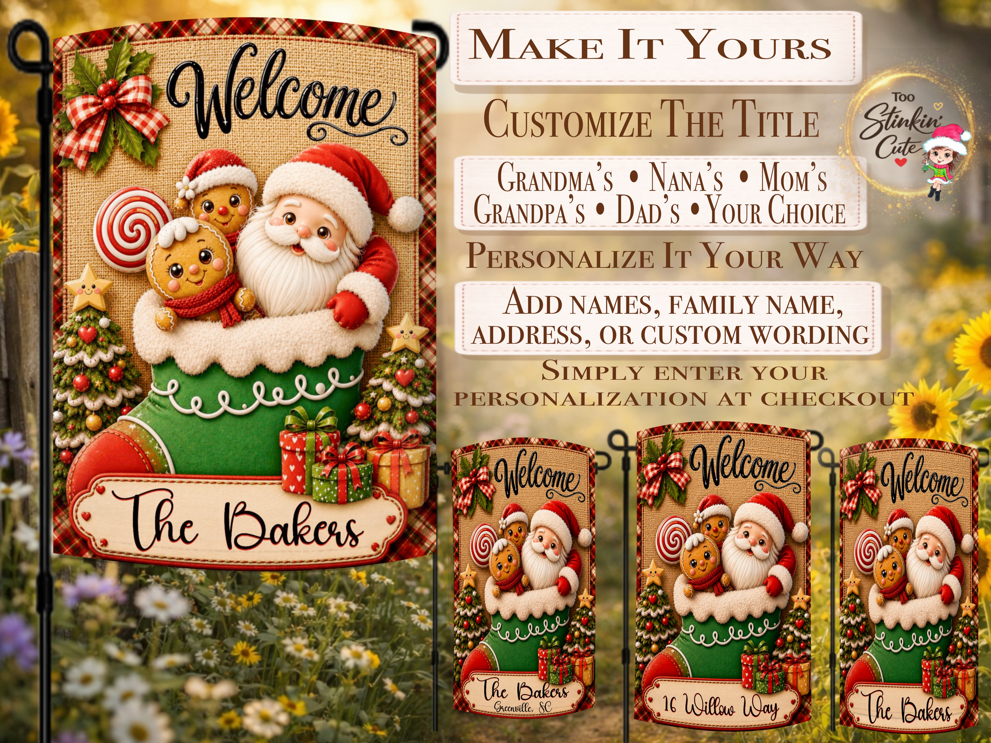 Custom family-name Christmas yard flag with Santa, gingerbread cookies, presents, and decorated trees.