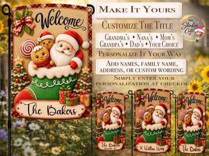 Custom family-name Christmas yard flag with Santa, gingerbread cookies, presents, and decorated trees.