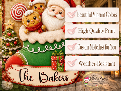 Festive Santa and gingerbread holiday garden flag with red and green Christmas decorations.