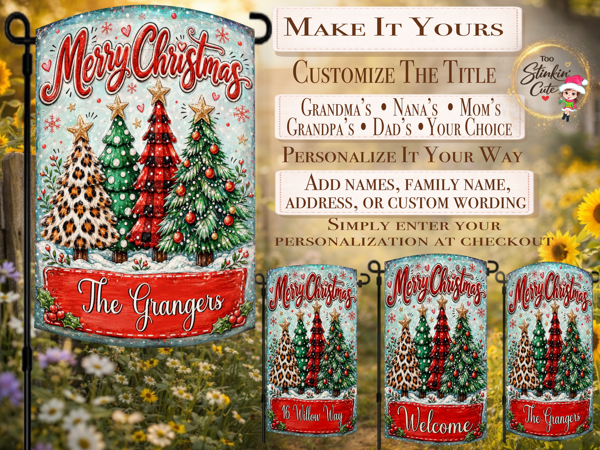 Custom family name Christmas yard flag with bold red Merry Christmas lettering, snowy details, holly accents, hearts, and four colorful decorated holiday trees.