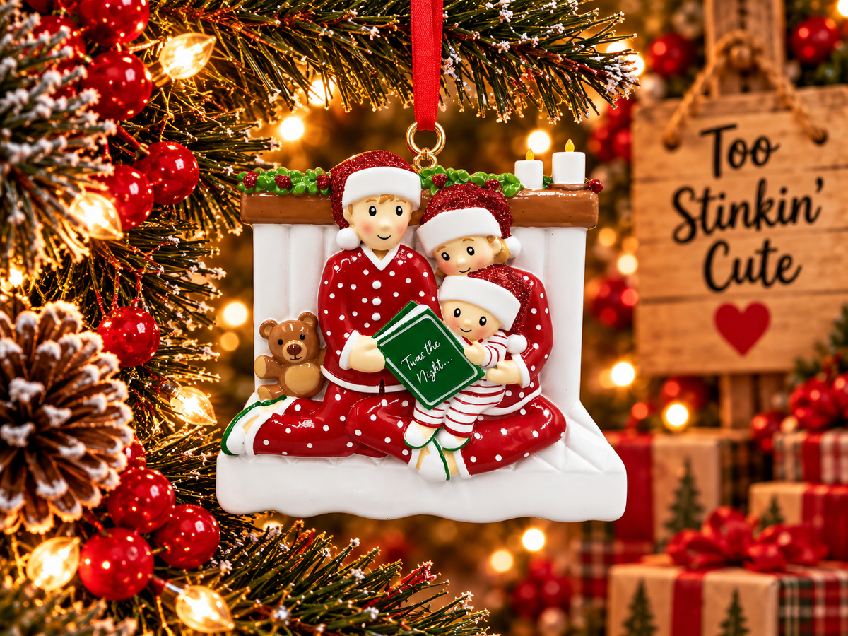 Family bedtime story ornament hanging from a red ribbon beside a wooden Too Stinkin’ Cute sign.