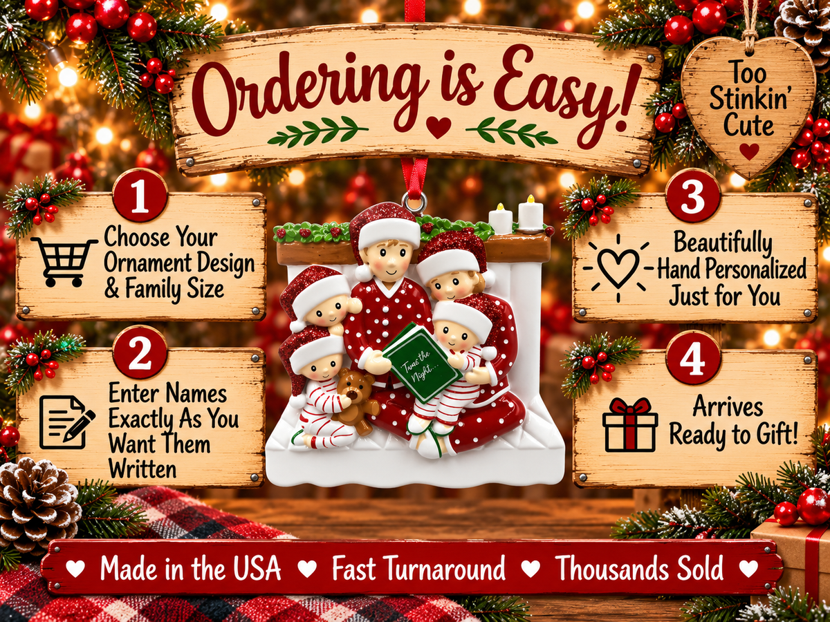 Christmas family reading ornament with glittery red Santa hats and a child holding a brown teddy bear.