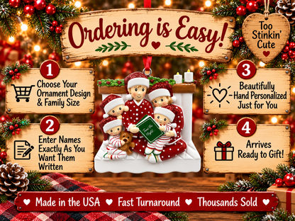 Christmas family reading ornament with glittery red Santa hats and a child holding a brown teddy bear.