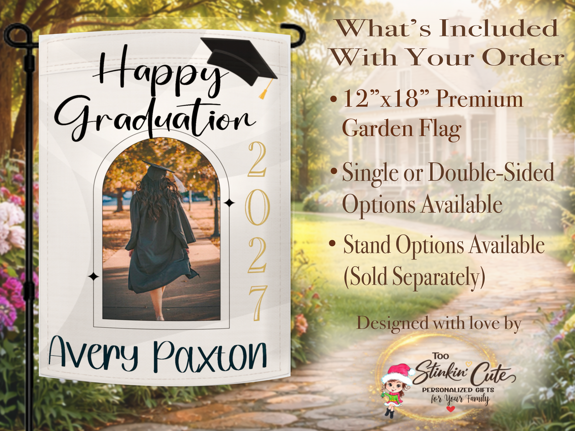Graduation party garden flag featuring senior photo and custom name