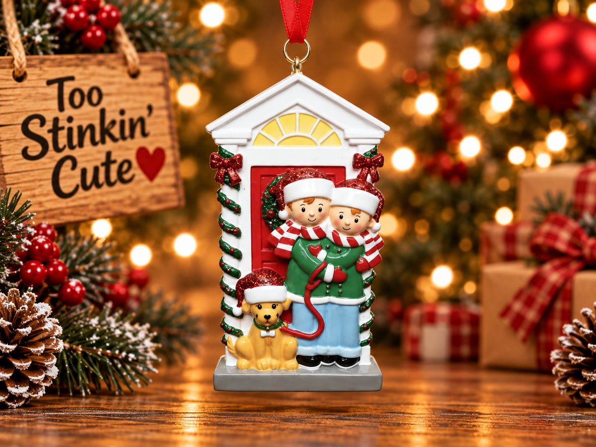 Dog parents personalized ornament featuring a couple and their pet