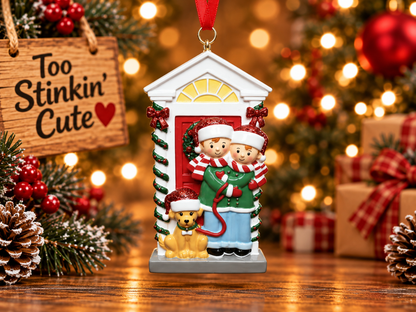 Dog parents personalized ornament featuring a couple and their pet