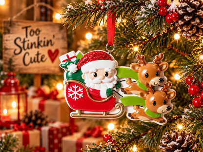 Santa wearing a glittery red hat with wrapped presents tucked behind him.