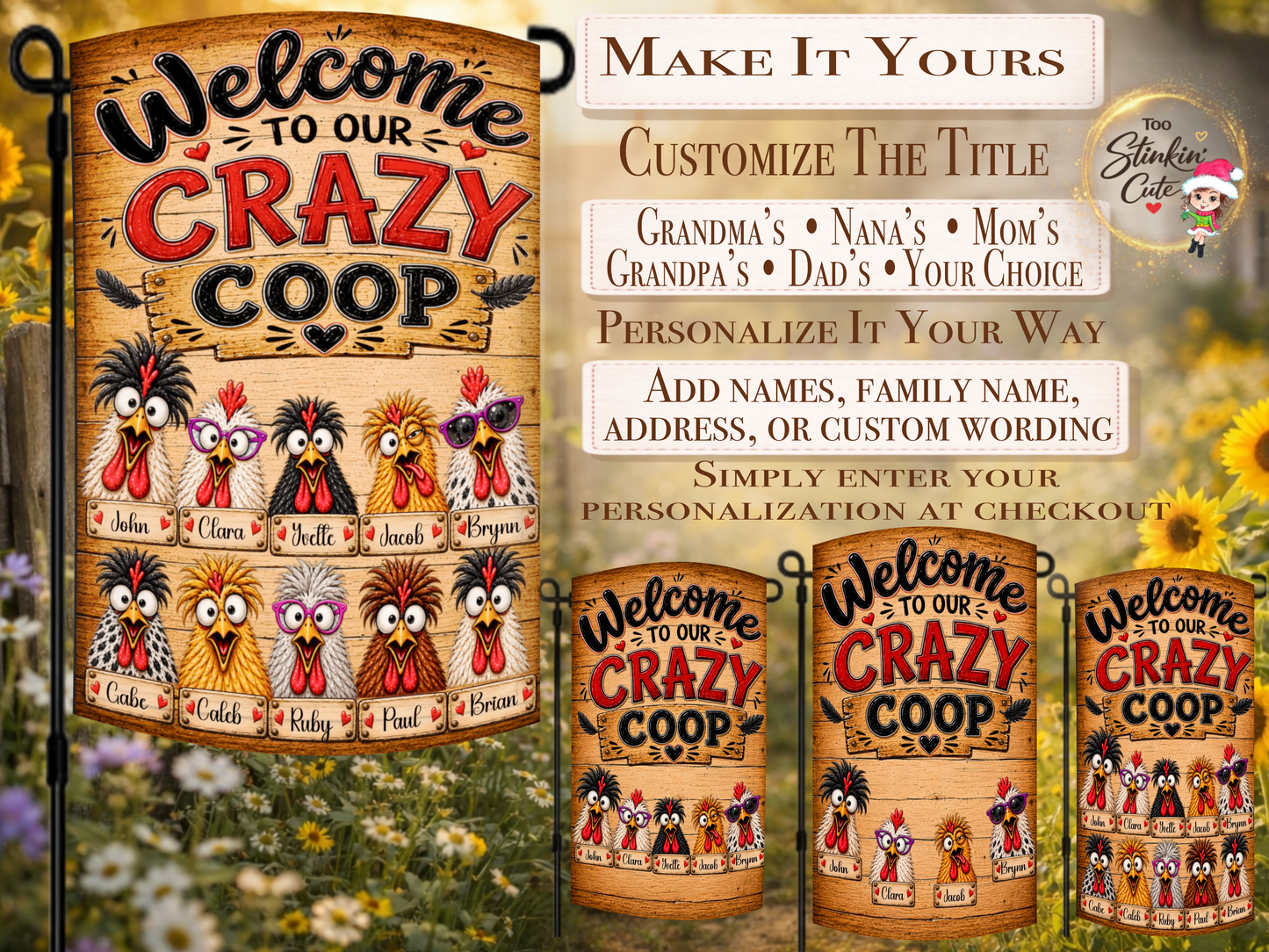 Custom family names chicken flag featuring colorful hens with silly expressions, glasses, and rustic farmhouse details.
