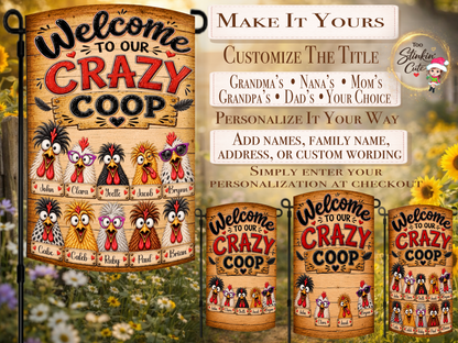 Custom family names chicken flag featuring colorful hens with silly expressions, glasses, and rustic farmhouse details.