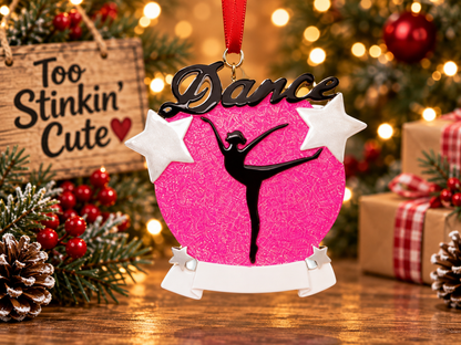 Personalized dance Christmas ornament with pink glitter and a black dancer silhouette