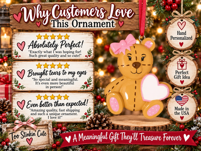Cute teddy bear keepsake ornament holding a large white heart