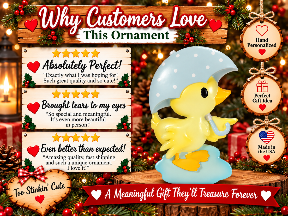 Ordering instructions for a personalized yellow duck Christmas ornament with custom name and optional year
