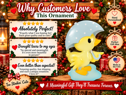 Ordering instructions for a personalized yellow duck Christmas ornament with custom name and optional year