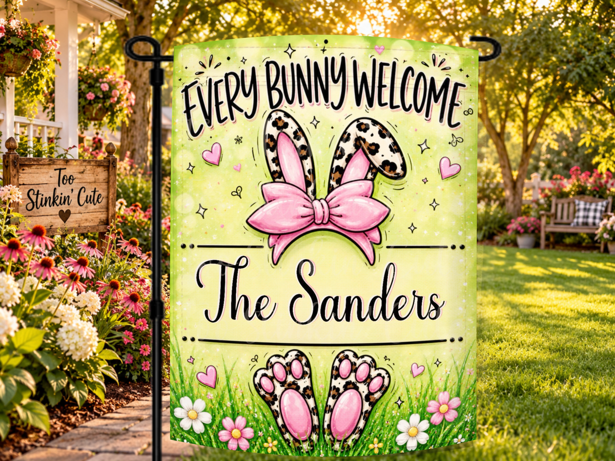 Personalized Every Bunny Welcome Easter garden flag featuring leopard-print bunny ears, a large pink bow, and a custom family name.