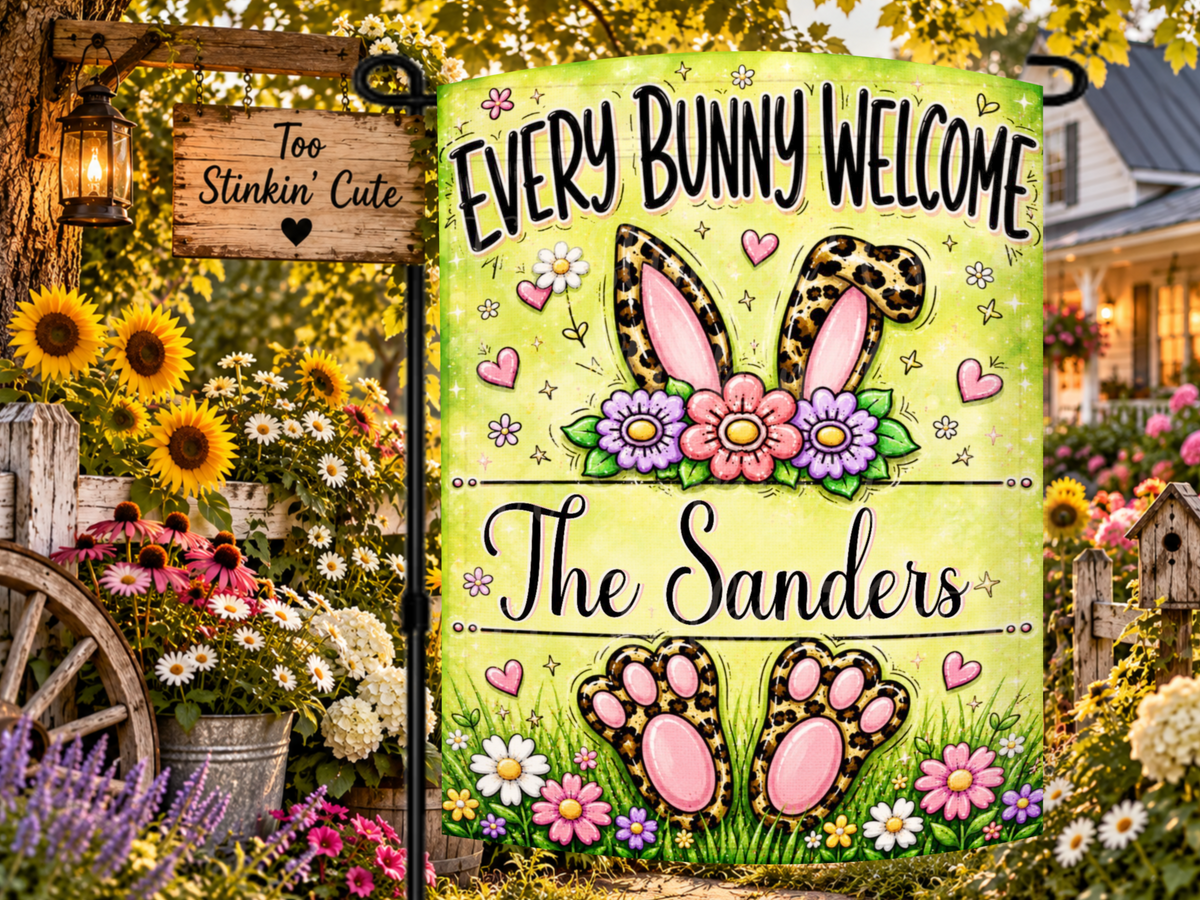Personalized Every Bunny Welcome Easter garden flag featuring leopard-print bunny ears, pink hearts, colorful flowers, and a custom family name.